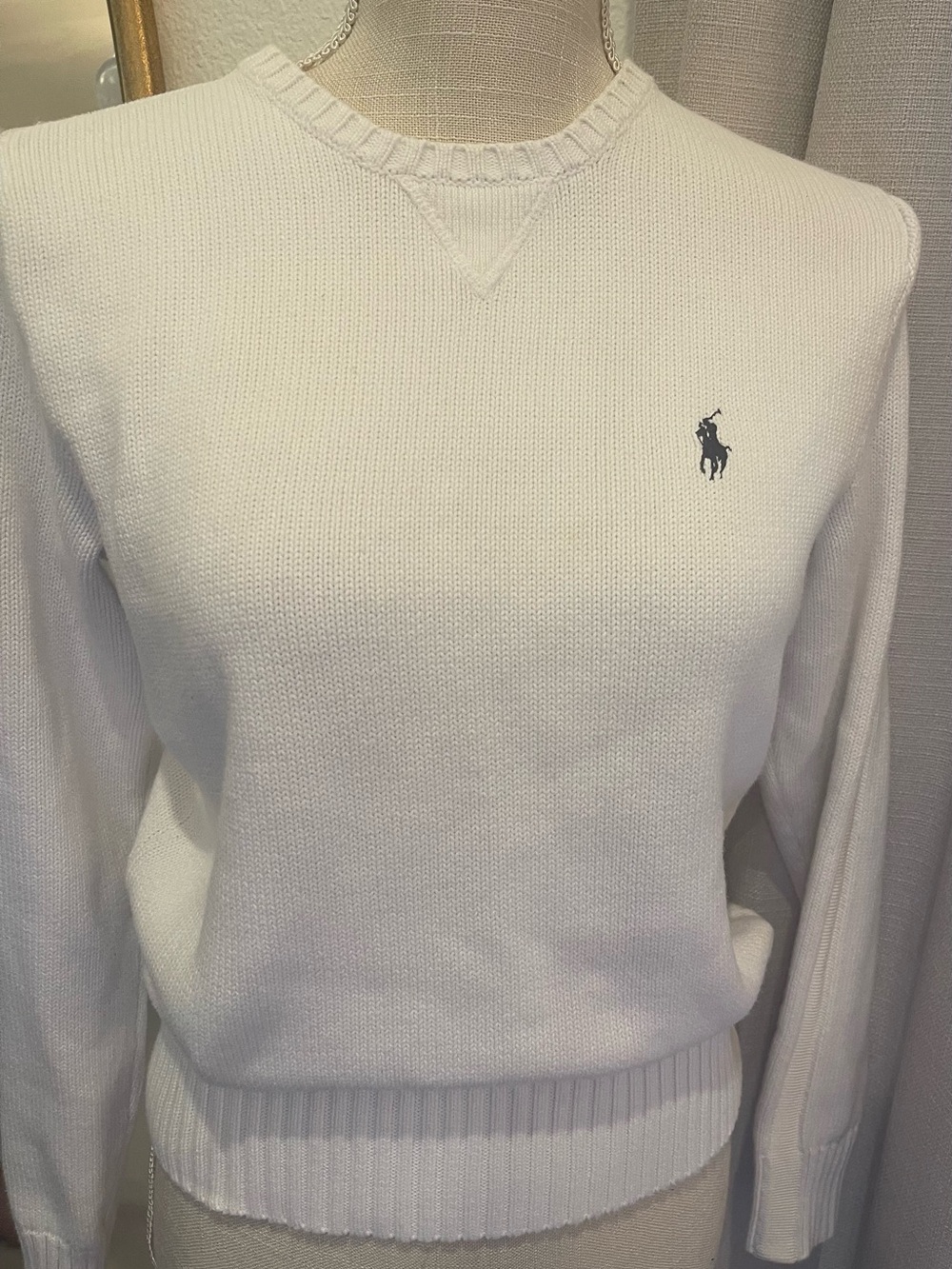 Ralph Lauren White Crewneck Sweater with Navy Polo Emblem